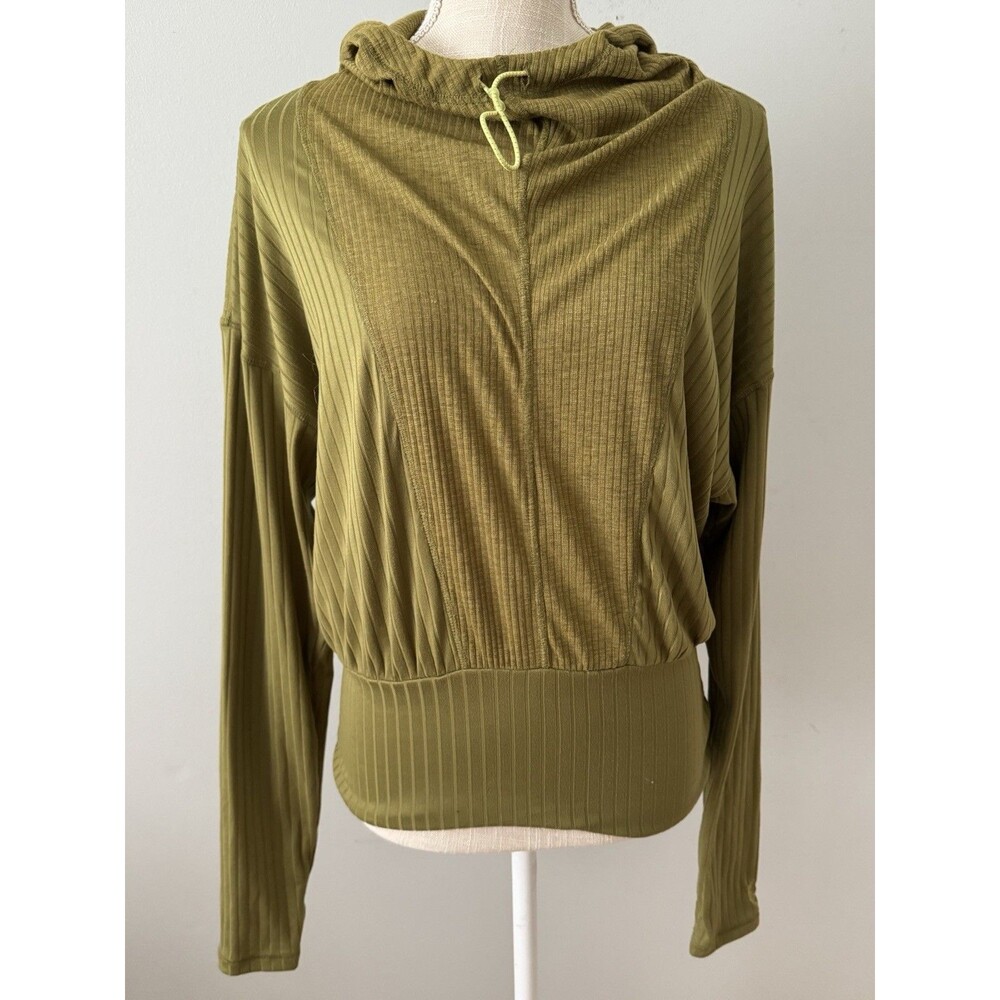 Free People Movement Green Ribbed Cropped Hoodie Thumbholes Athleisure Fairy M